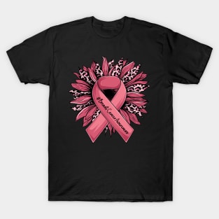 Leopard Sunflower Pink Ribbon Breast Cancer Awareness T-Shirt